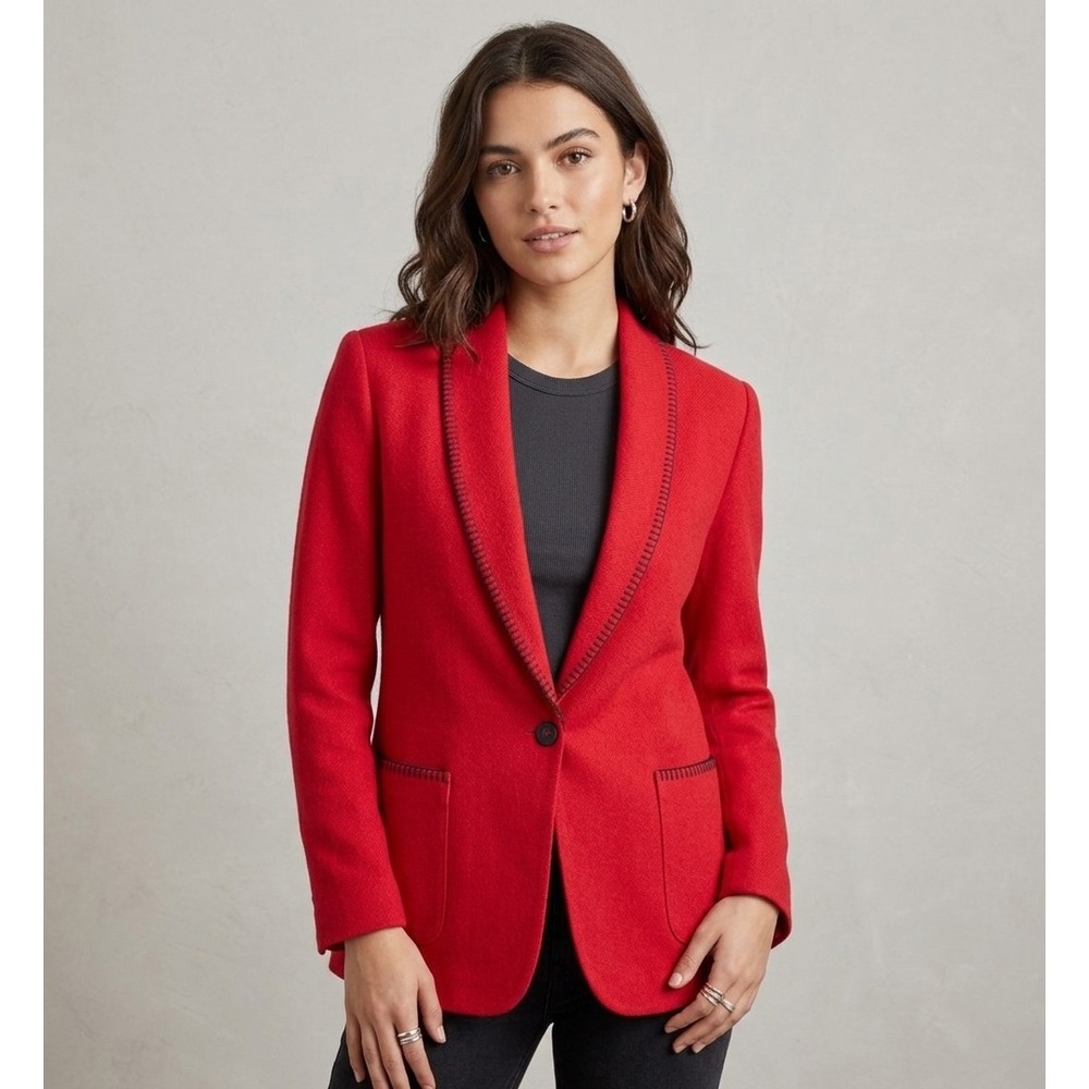 Vintage Red Wool Blazer Jacket Shawl Collar Stitch Detail Single Button Women